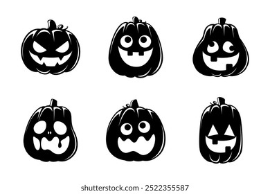 Conjunto de silhuetas Jack O Lantern. Creepy assustador Halloween abóbora outono outono etiqueta imprimir ilustração.