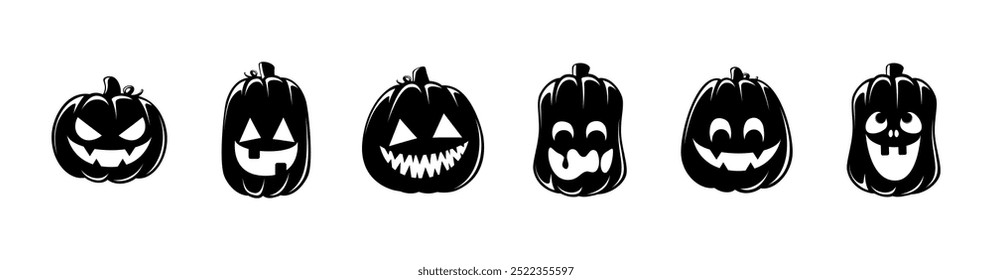 Conjunto de silhuetas Jack O Lantern. Creepy assustador Halloween abóbora outono outono etiqueta imprimir ilustração.