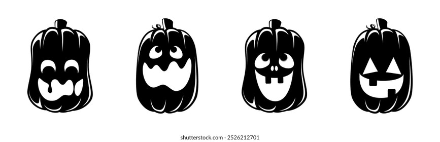 Conjunto de silhuetas Jack O Lantern. Creepy assustador Halloween abóbora outono outono etiqueta imprimir ilustração.