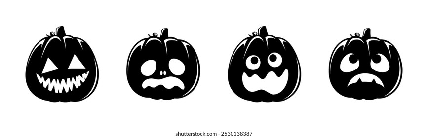 Conjunto de silhuetas Jack O Lantern. Creepy assustador Halloween abóbora outono outono etiqueta imprimir ilustração.