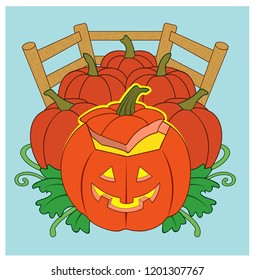 A jack o lantern sits in a pumpkin patch.