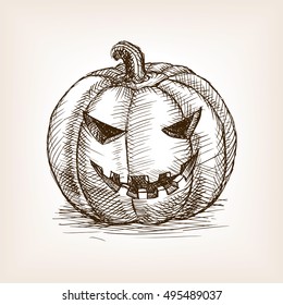 Jack O Lantern sketch style vector illustration. Halloween pumpkin with face. Old hand drawn engraving imitation.