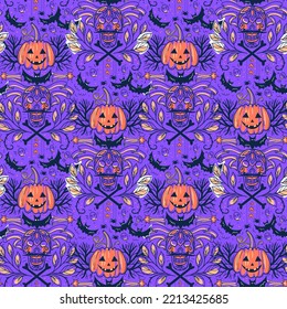 jack o lantern and skull halloween seamless purple background vector