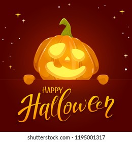 Jack o lantern with smile and lettering Happy Halloween on banner. Dark holiday background with pumpkin and stars, illustration.