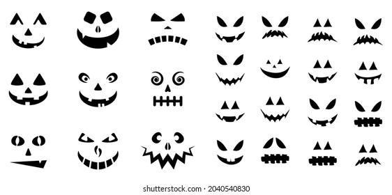 Jack o lantern smile template. Spooky face expression for halloween pumpkin. Vvector black silhouette design isolated on white.