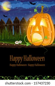 Jack o Lantern with sprouts and leaves near the fence. Halloween night scene
