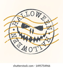 Jack O Lantern Stamp Postal. Pumpkin Silhouette Seal. Passport Round Design. Vector Icon. Design Retro Travel.