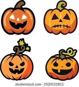 jack o lantern sticker set editable vector illustrations, they are 4 different types, no matches with each other