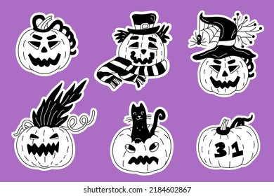 Los stickers de los farolillos se ponen.  Ilustrador del vector del doodle dibujado a mano de las calabazas de halloween. Bordes blancos.