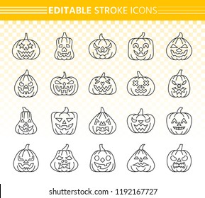 Jack O Lantern Thin Line Icon Set. Outline Web Sign Kit Of Pumpkin Face. Halloween Linear Icons Of Autumn Character, Scary Mouth, Avatar Design. Editable Stroke Lantern Simple Contour Vector Symbol