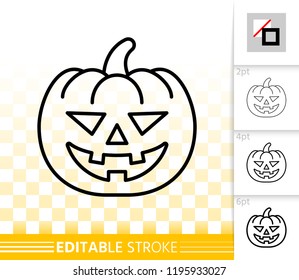 Jack O lantern thin line icon. Outline sign of pumpkin face. Halloween Character linear pictogram with different stroke width. Simple vector transparent symbol. Gourd editable stroke icon without fill