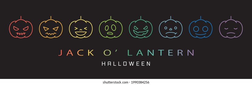 Jack o lantern vector icon set. neon color on black background.