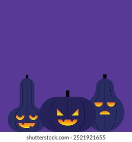 Ilustración vectorial de Jack O Lantern. Ilustración plana minimalista de calabazas talladas con linterna de Jack. Tarjeta de celebración de Halloween.