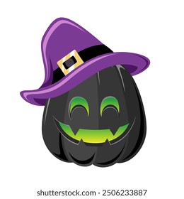 Jack O Lantern Wearing A Witch Hat Costume, Cute Creepy Spooky Halloween Pumpkin Decor Flat Vector Illustration