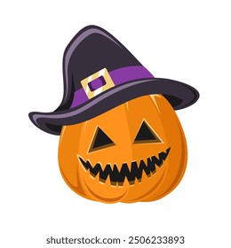 Jack O Lantern Wearing A Witch Hat Costume, Cute Creepy Spooky Halloween Pumpkin Decor Flat Vector Illustration