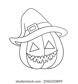 Jack O Lantern Wearing A Witch Hat Line Art Doodle, Cute Halloween Pumpkin Outline Illustration, Easy Coloring Book Page for Kids