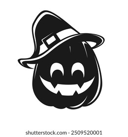 Jack O Lantern Wearing A Witch Hat Silhouette, Cute Halloween Pumpkin Outline Illustration.