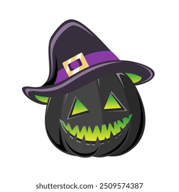 Jack O Lantern Wearing A Witch Hat Costume, Cute Creepy Spooky Halloween Pumpkin Decor Flat Vector Illustration