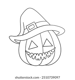 Jack O Lantern Wearing A Witch Hat Line Art Doodle, Cute Halloween Pumpkin Outline Illustration, Easy Coloring Book Page for Kids