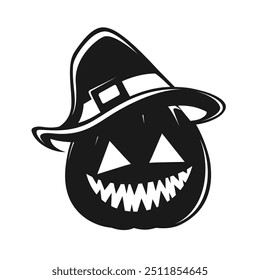 Jack O Lantern Wearing A Witch Hat Silhouette, Cute Halloween Pumpkin Outline Illustration.