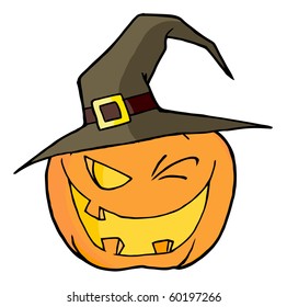 Jack O Lantern Wearing A Witch Hat Winking
