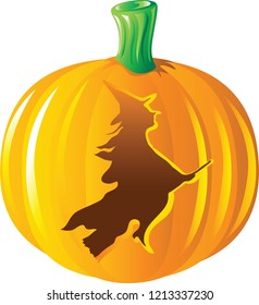 Jack O Lantern with a witch carved in the middle for Halloween