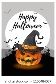 Jack o lantern with witch hat on monochrome gray sky and full moon graveyard background for halloween greeting 