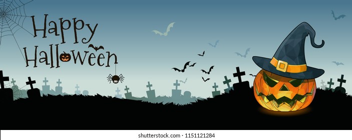 Jack o lantern with witch hat illustration on gray sky graveyard background for halloween cover banner greeting