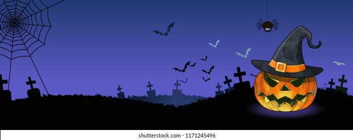 Jack o lantern and witch hat illustration on violet purple sky graveyard background with blank space for halloween cover banner greeting