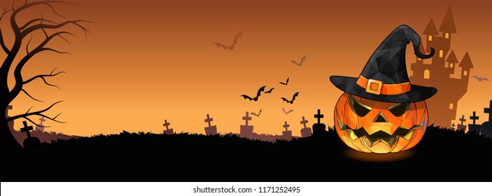 Jack o lantern and witch hat illustration on orange sky graveyard background with blank space for halloween cover banner greeting
