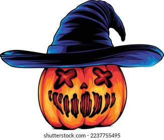 Jack O Lantern with Witch Hat Graphic Illustration Element in Horror Style for Halloween Event. Pumpkin Illustration Can Be use for Poster and Tshirt