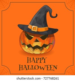 Jack o lantern with witch hat smiling on orange space background for halloween greeting