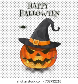 Jack o lantern with witch hat on monochrome half tone BG for halloween greeting