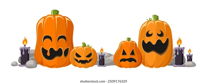 Jack O Lanterns Bottom Frame Border, Cute Fun Halloween Pumpkins, Creepy Spooky Scary Decorations