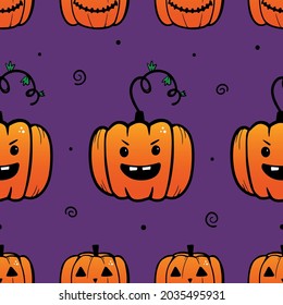 Jack o Lanterns, cartoon doodle style carved pumpkins vector seamless pattern background for Halloween design.