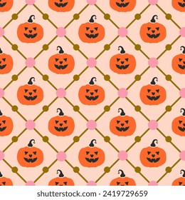 Jack O Lanterns in Checkered Vector Seamless Halloween Pattern