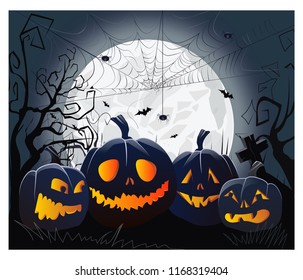 Jack o lanterns and cobweb with spiders against moonlight vector illustration. Halloween night background. Holiday concept. For websites, wallpapers, banners or posters