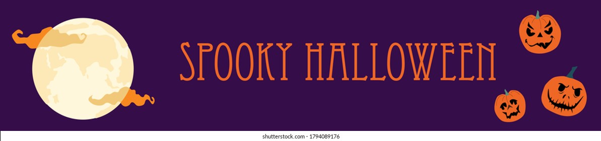 Jack o lanterns concept.Halloween spooky night horizontal banner with various pumpkins with weird facial expressions. Day of the Dead. Vector party invitation,print for fabric.Scared emotions