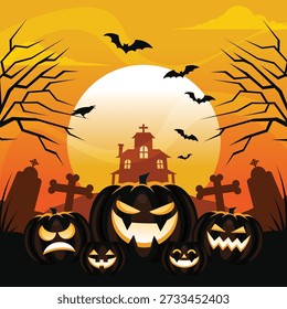 Jack o lanterns, graveyard scene, moonlit night, spooky forest