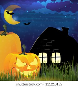 Jack o Lanterns near a lonely cottage. Moonlit  Halloween landscape