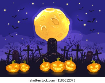 Jack O Lanterns on Halloween background. Smiling pumpkins on a cemetery with a gravestone and crosses and full Moon on blue night sky with bats, illustration.