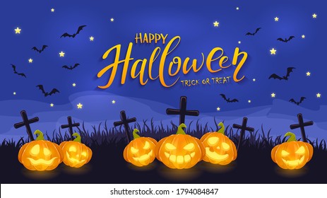 Jack O Lanterns on Halloween background. Smiling pumpkins on a cemetery with a gravestone and crosses on blue night sky with bats. Illustration can be used for children's holiday design, cards, banner