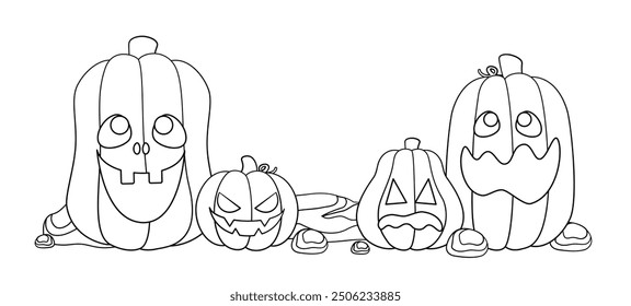 Jack O Lanterns Outline Line Art. Easy Coloring Book Page for Kids. Cute Funny Spooky Halloween Pumpkins.