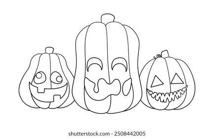 Jack O Lanterns Outline Line Art. Easy Coloring Book Page for Kids. Cute Funny Spooky Halloween Pumpkins.