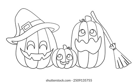 Jack O Lanterns Outline Line Art. Easy Coloring Book Page for Kids. Cute Funny Spooky Halloween Pumpkins.