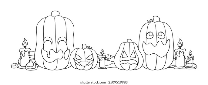 Jack O Lanterns Outline Line Art. Easy Coloring Book Page for Kids. Cute Funny Spooky Halloween Pumpkins.