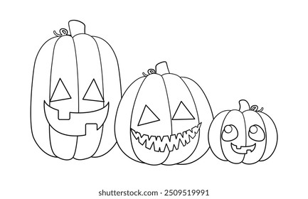 Jack O Lanterns Outline Line Art. Easy Coloring Book Page for Kids. Cute Funny Spooky Halloween Pumpkins.