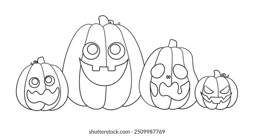 Jack O Lanterns Outline Line Art. Easy Coloring Book Page for Kids. Cute Funny Spooky Halloween Pumpkins.