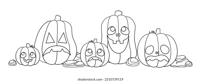 Jack O Lanterns Outline Line Art. Easy Coloring Book Page for Kids. Cute Funny Spooky Halloween Pumpkins.