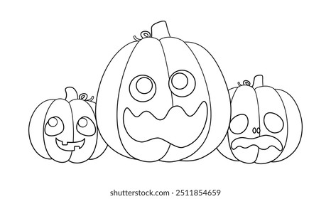 Jack O Lanterns Outline Line Art. Easy Coloring Book Page for Kids. Cute Funny Spooky Halloween Pumpkins.